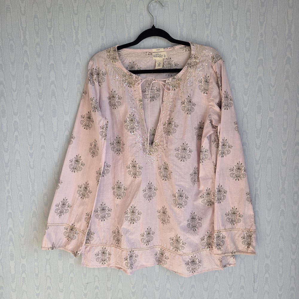 Vtg Y2K Old Navy Top Womens XL Peasant Sequin Embroidered Boho‎ Pastel Pink